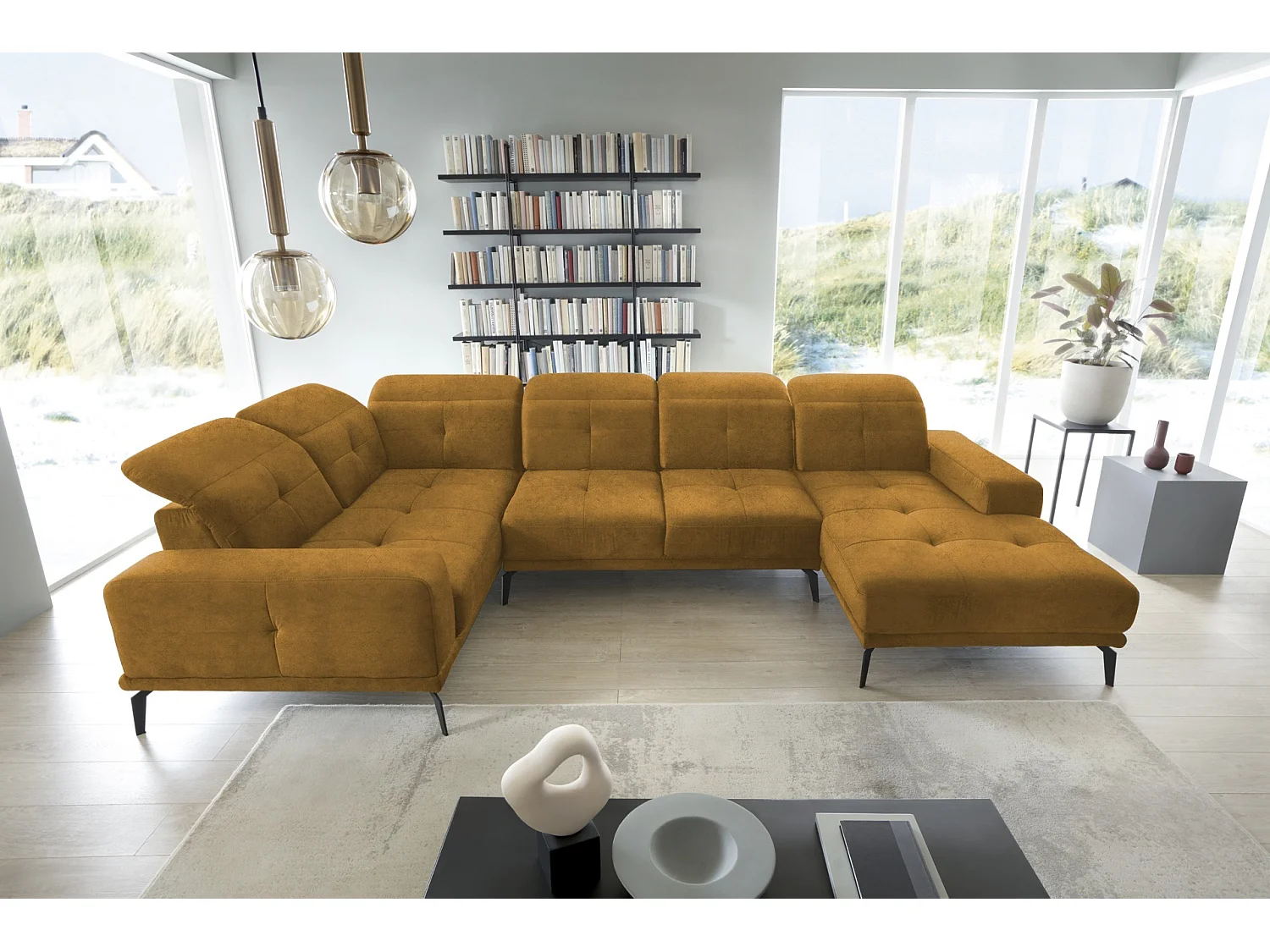 Canapé panoramique design velours jaune têtières angle gauche avec accoudoir Stan 350cm