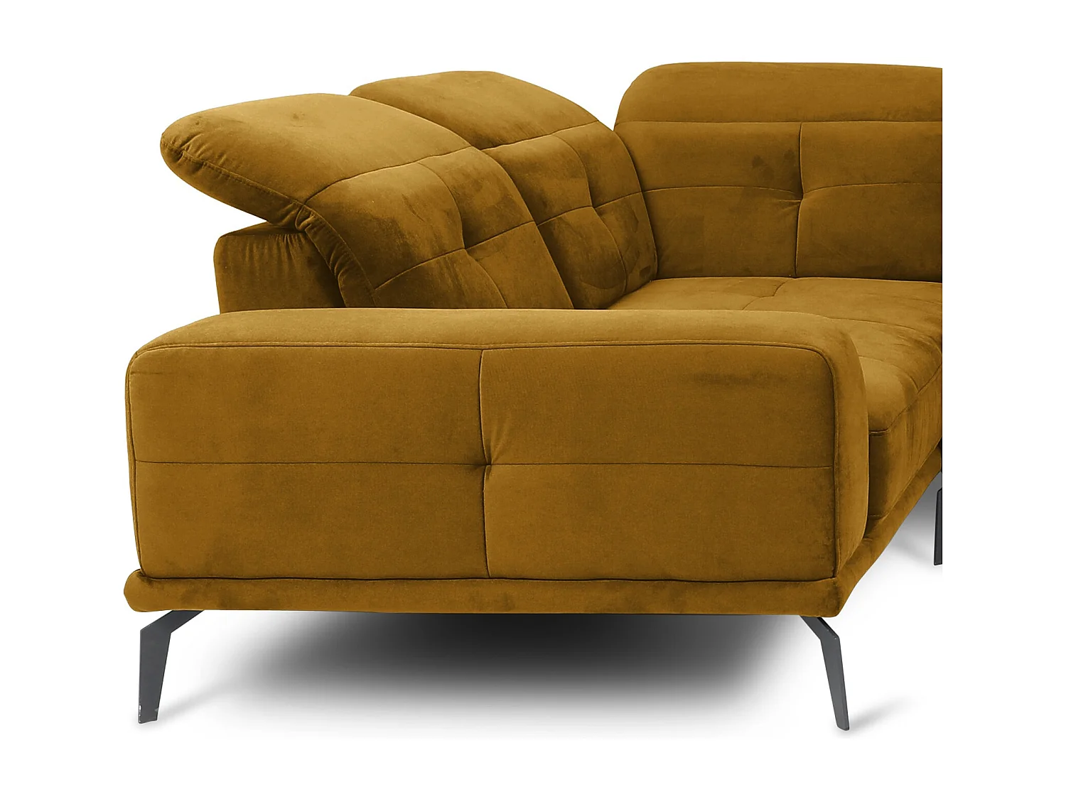 Canapé panoramique design velours jaune têtières angle gauche avec accoudoir Stan 350cm