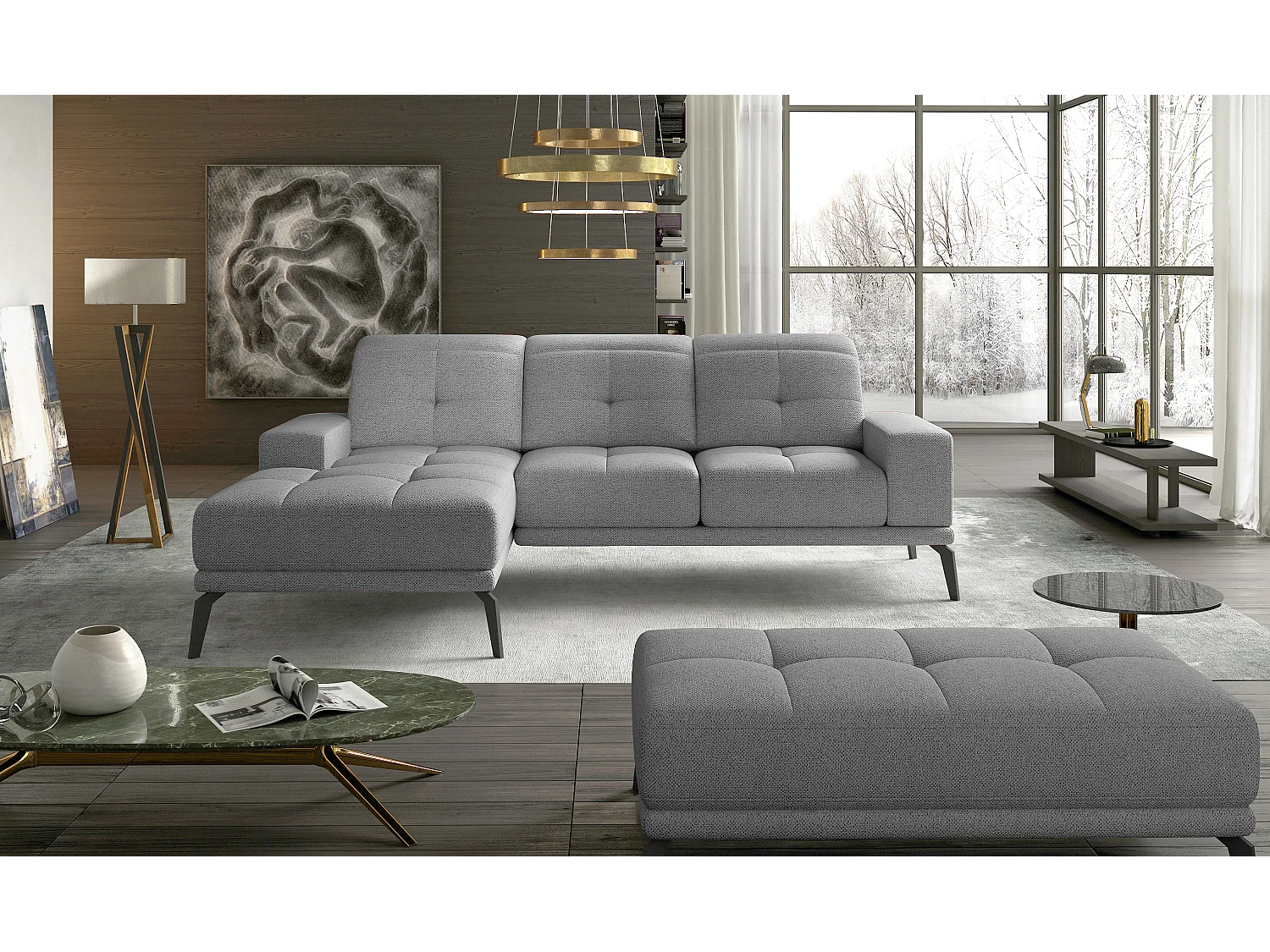 Linker hoekbank 5 zits lichtgrijze stof Torpille 265 cm