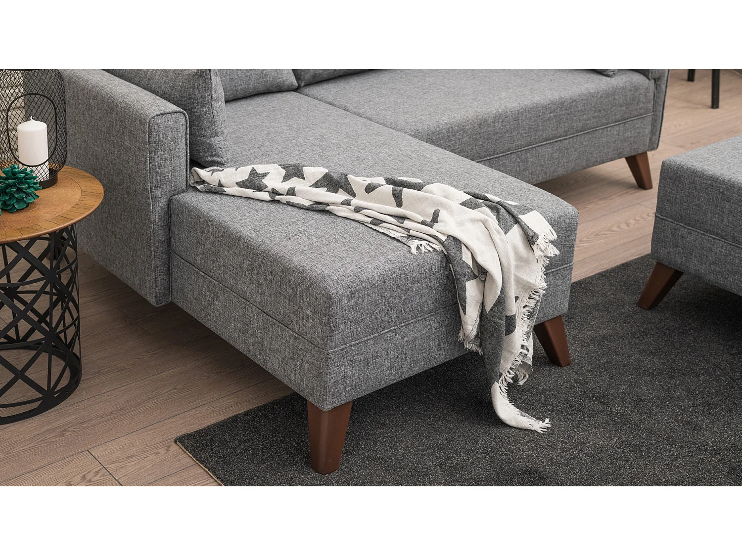 Petit canapé convertible d'angle gauche avec pouf tissu gris Kandy 205cm