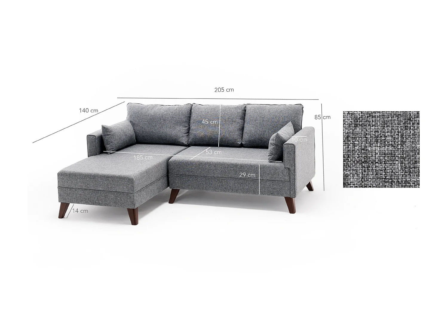 Petit canapé convertible d'angle gauche avec pouf tissu gris Kandy 205cm