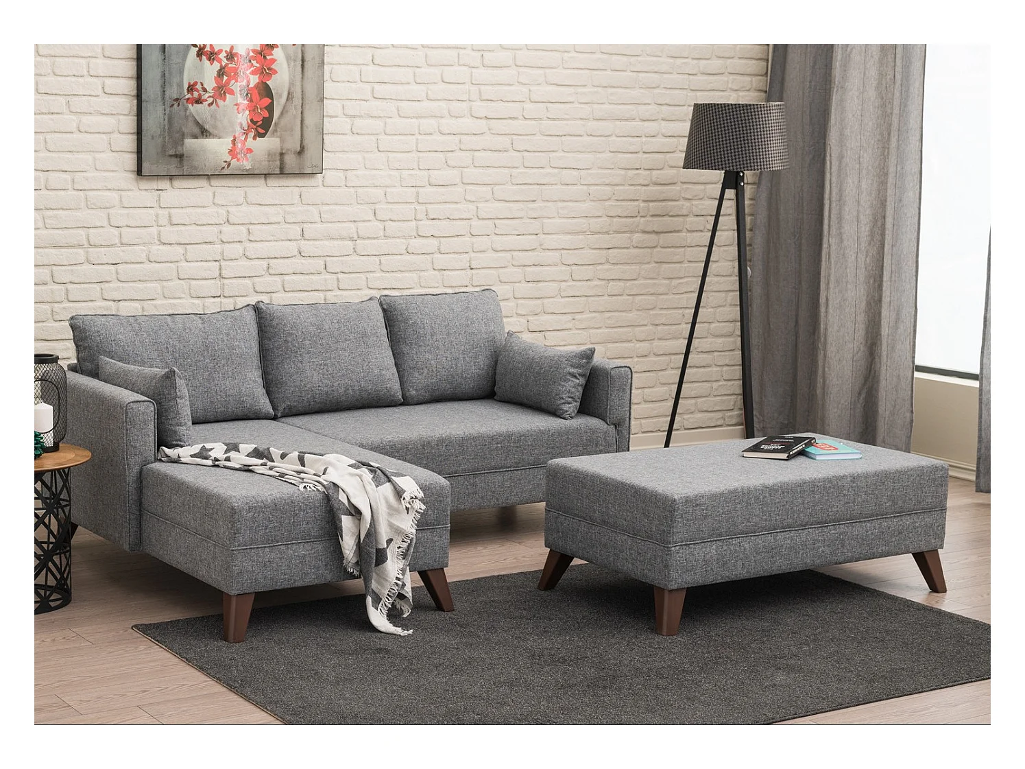 Petit canapé convertible d'angle gauche avec pouf tissu gris Kandy 205cm