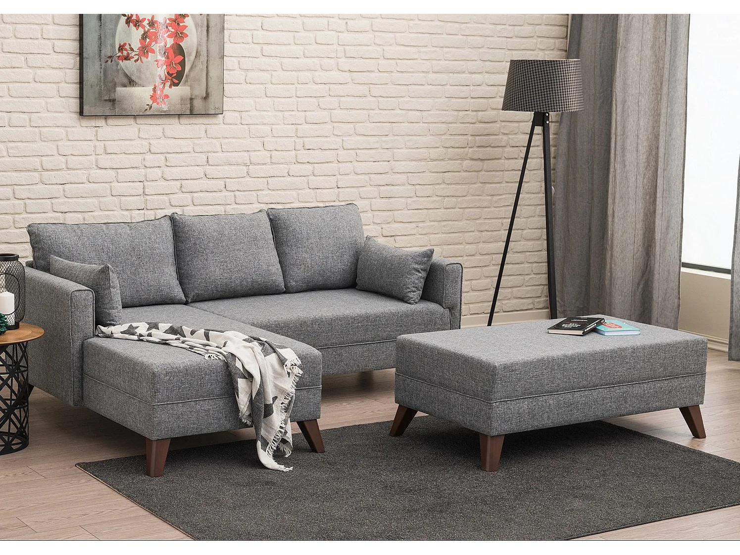 Petit canapé convertible d'angle gauche avec pouf tissu gris Kandy 205cm
