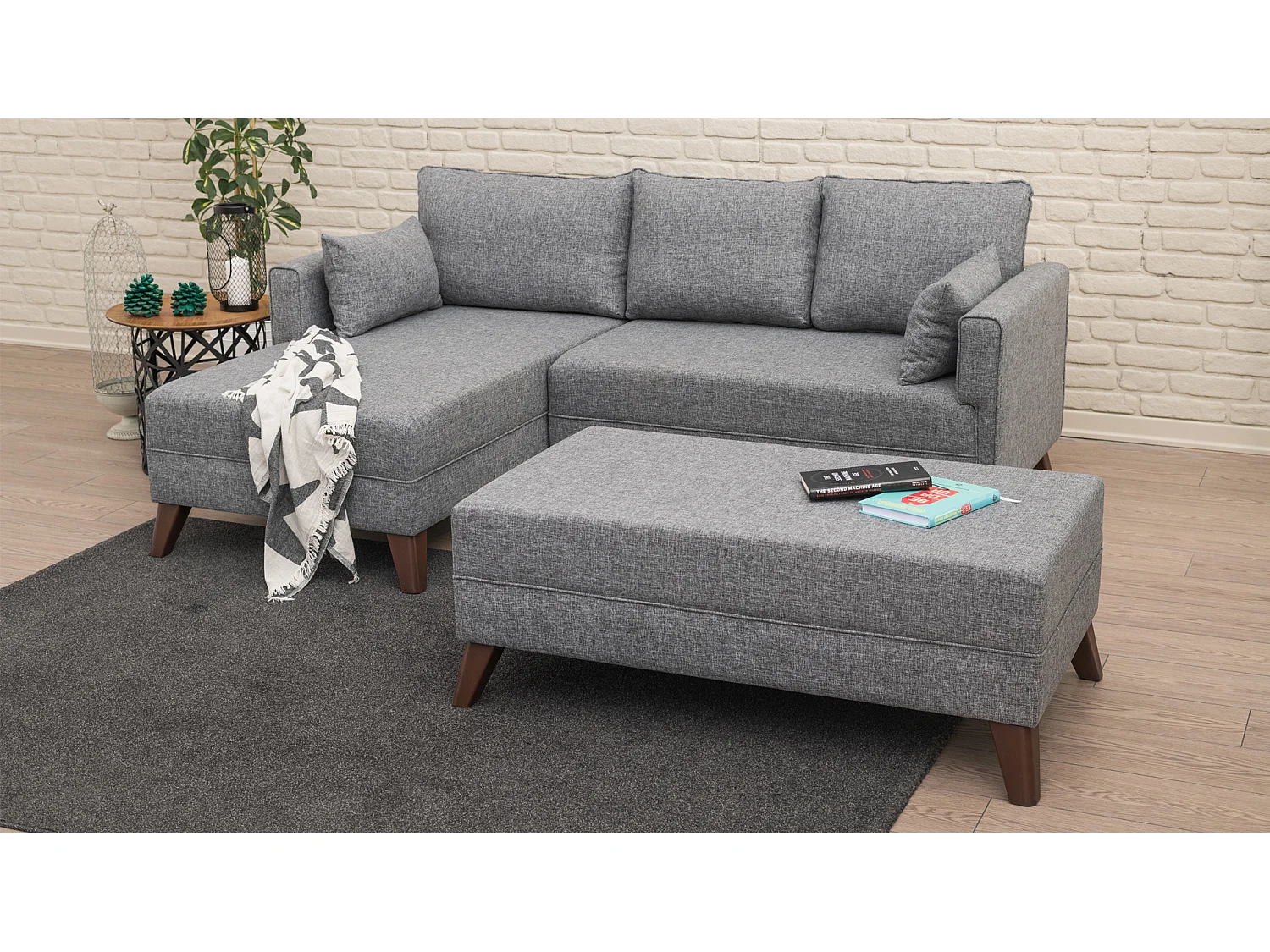 Petit canapé convertible d'angle gauche avec pouf tissu gris Kandy 205cm