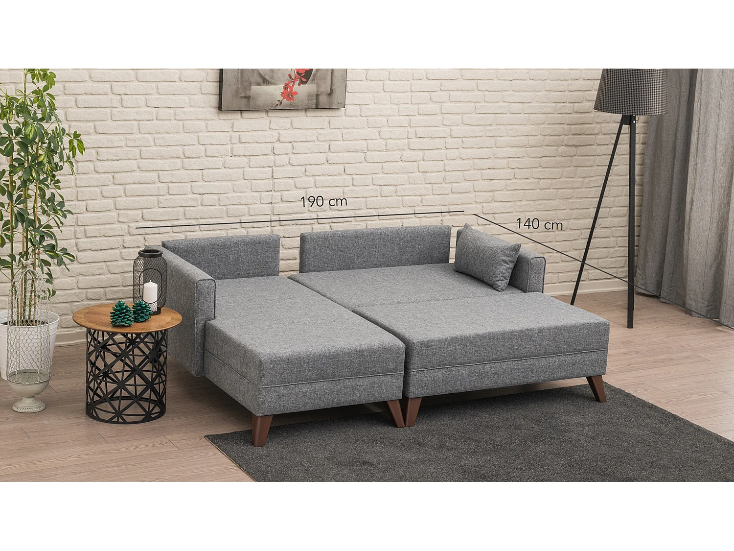 Petit canapé convertible d'angle gauche avec pouf tissu gris Kandy 205cm