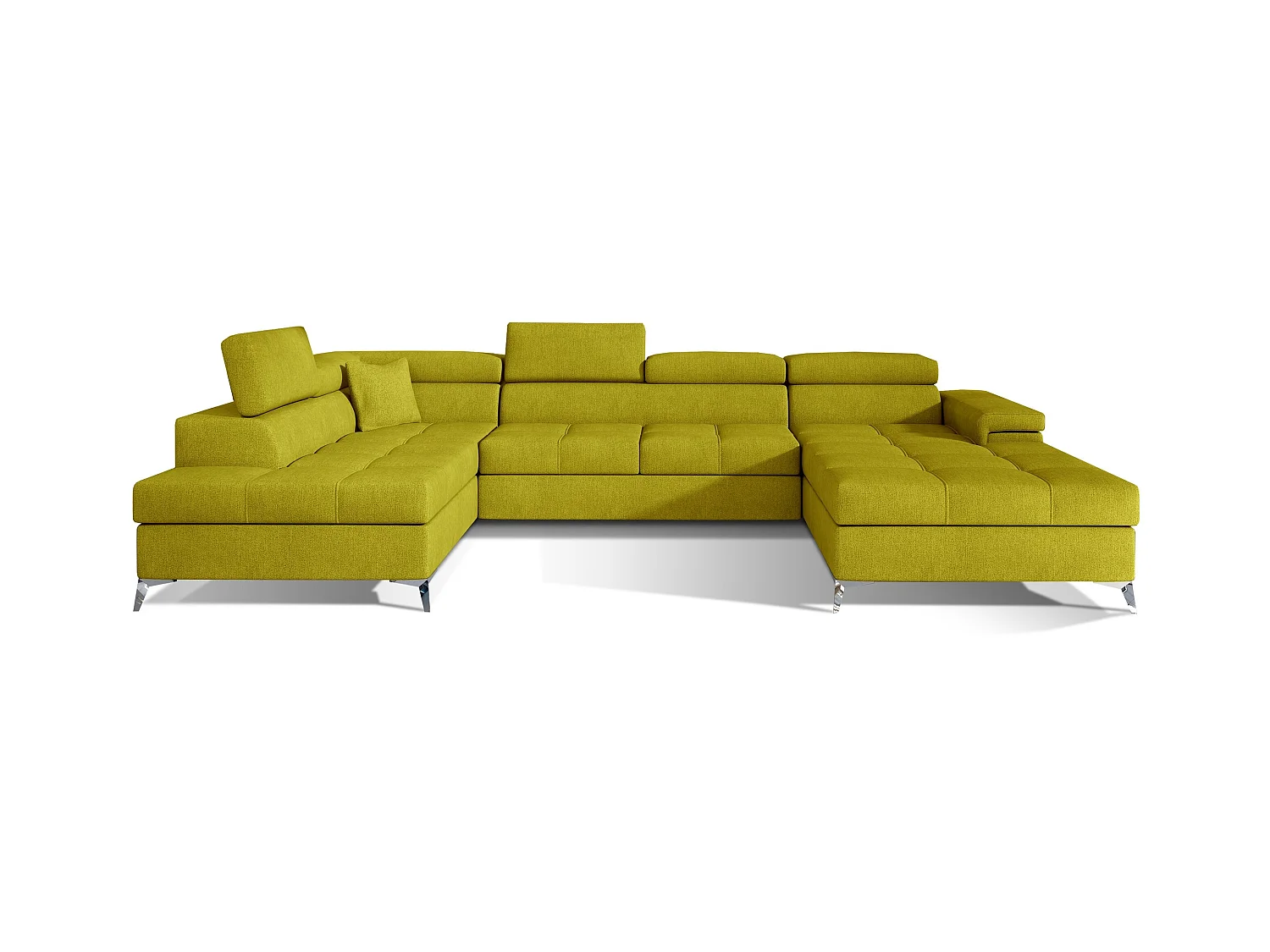 Canapé panoramique tissu jaune coffre de rangement à gauche Kutty 345cm