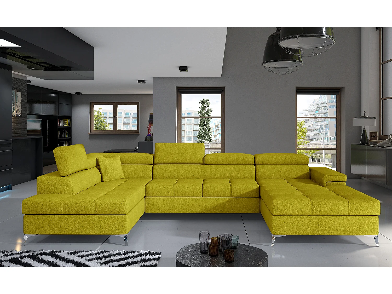 Canapé panoramique tissu jaune coffre de rangement à gauche Kutty 345cm