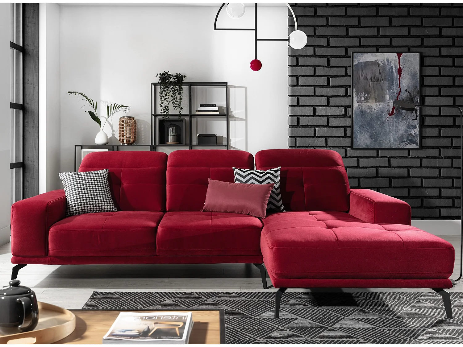 Canapé d'angle droit 5 places velours rouge Torpille 265cm