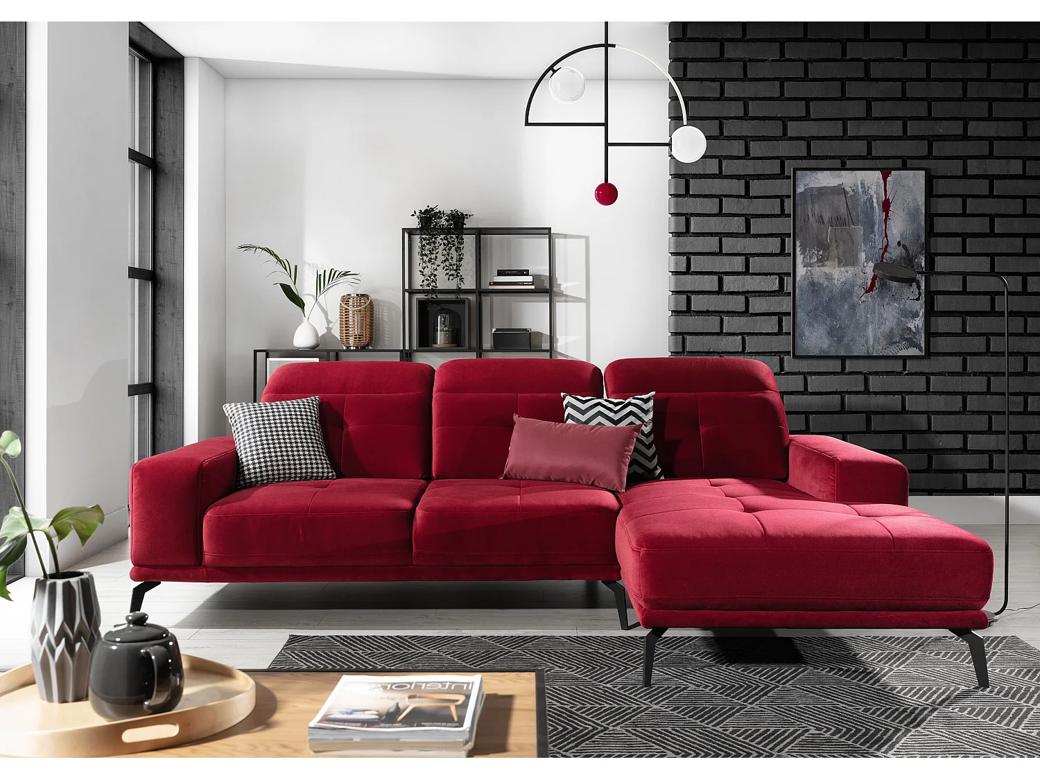 Canapé d'angle droit 5 places velours rouge Torpille 265cm