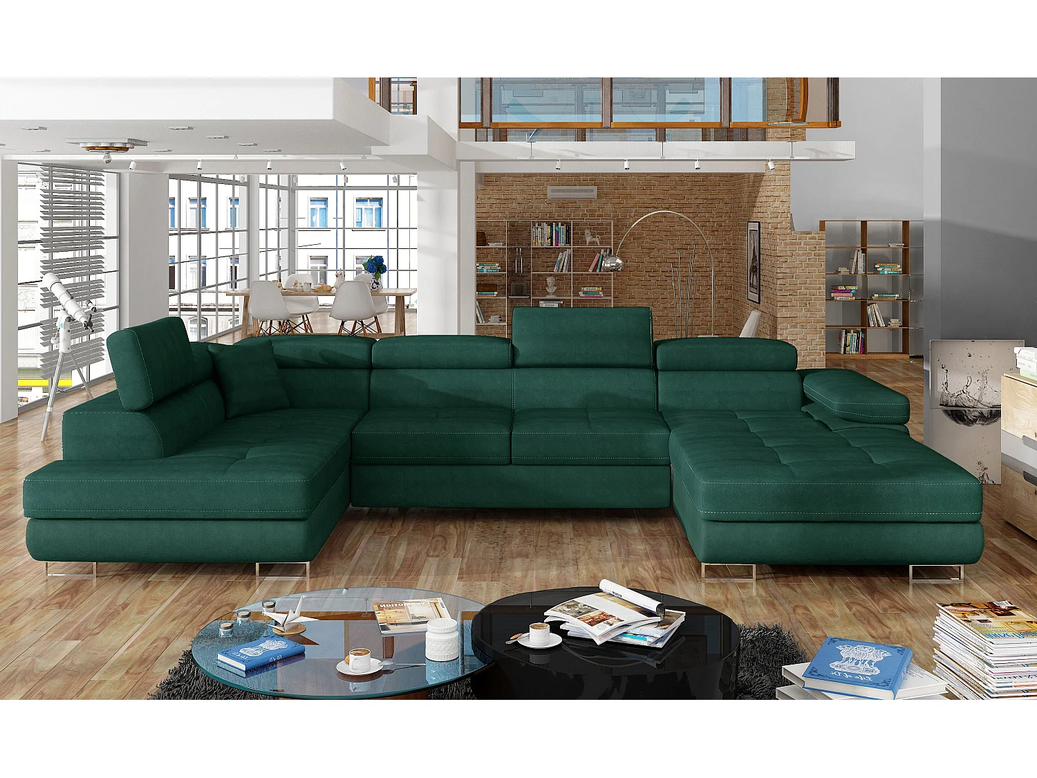 Canapé panoramique velours vert bouteille convertible avec coffre de rangement Romano 345cm-Coffre de rangement à gauche