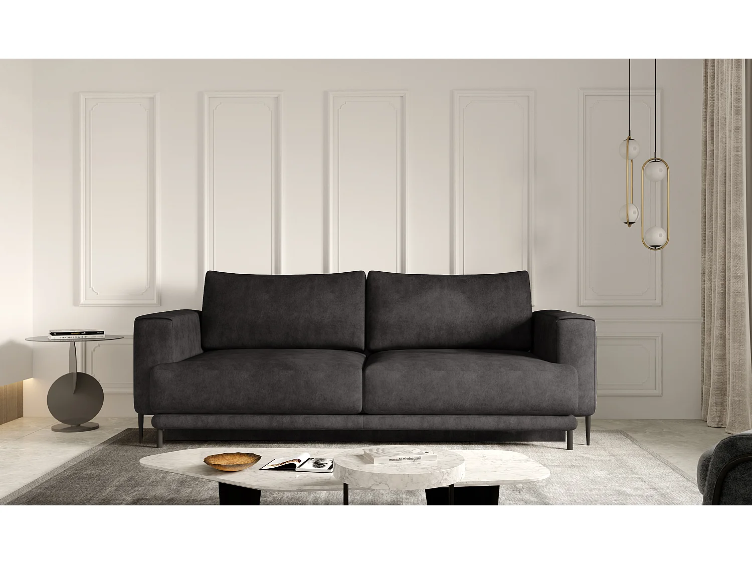 Designer 4-zits slaapbank in vintage zwarte stof met leereffect en zwarte metalen poten Arkia 260 cm