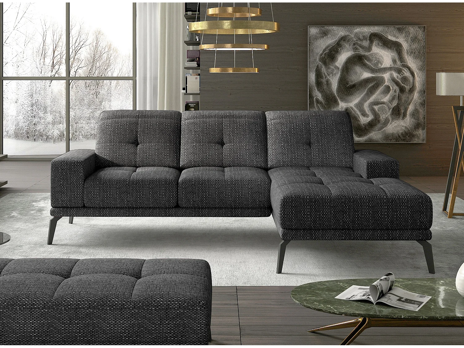 Canapé d'angle droit 5 places tissu noir chiné Torpille 265cm