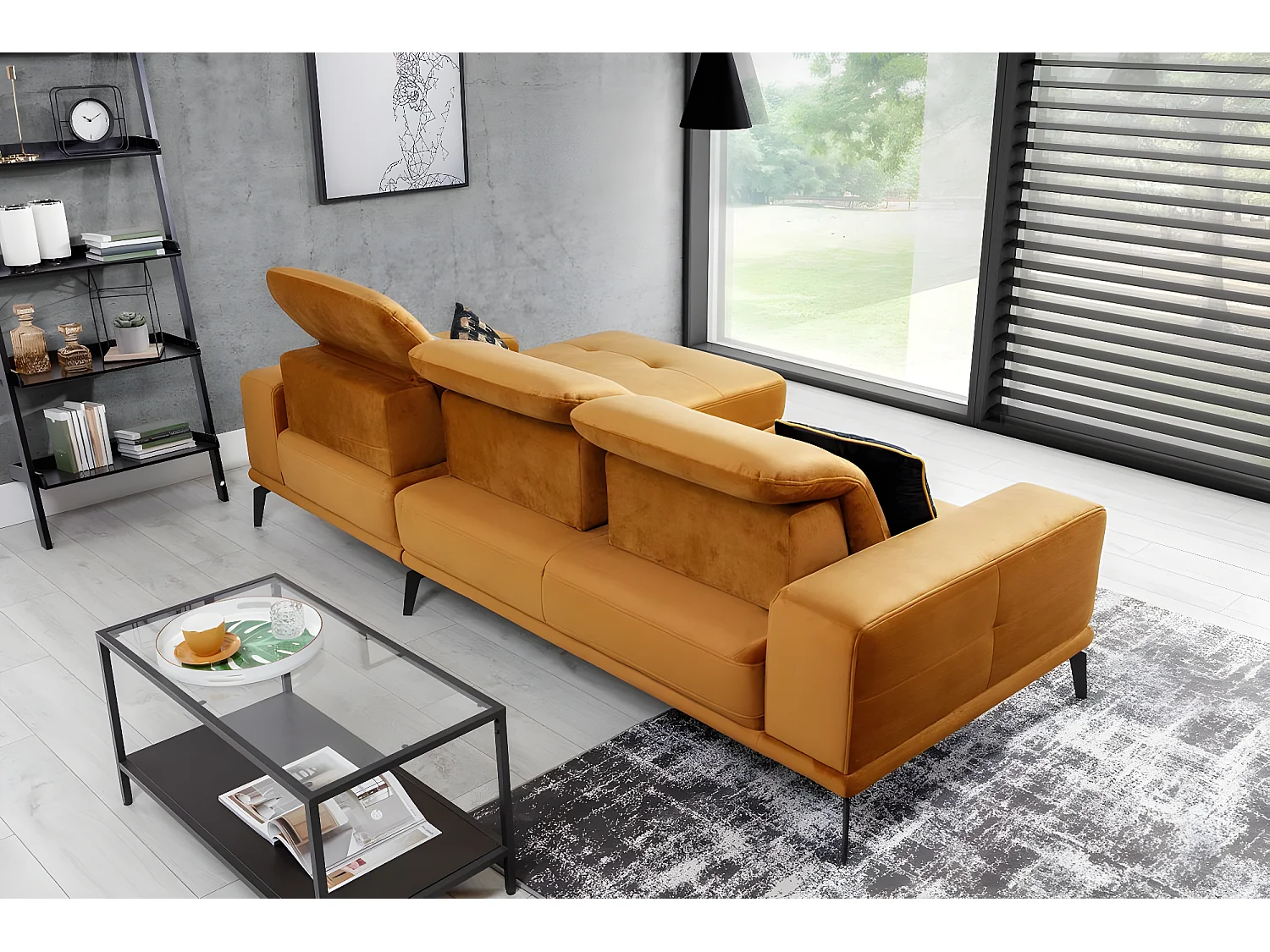 Canapé d'angle droit 5 places tissu noir chiné Torpille 265cm