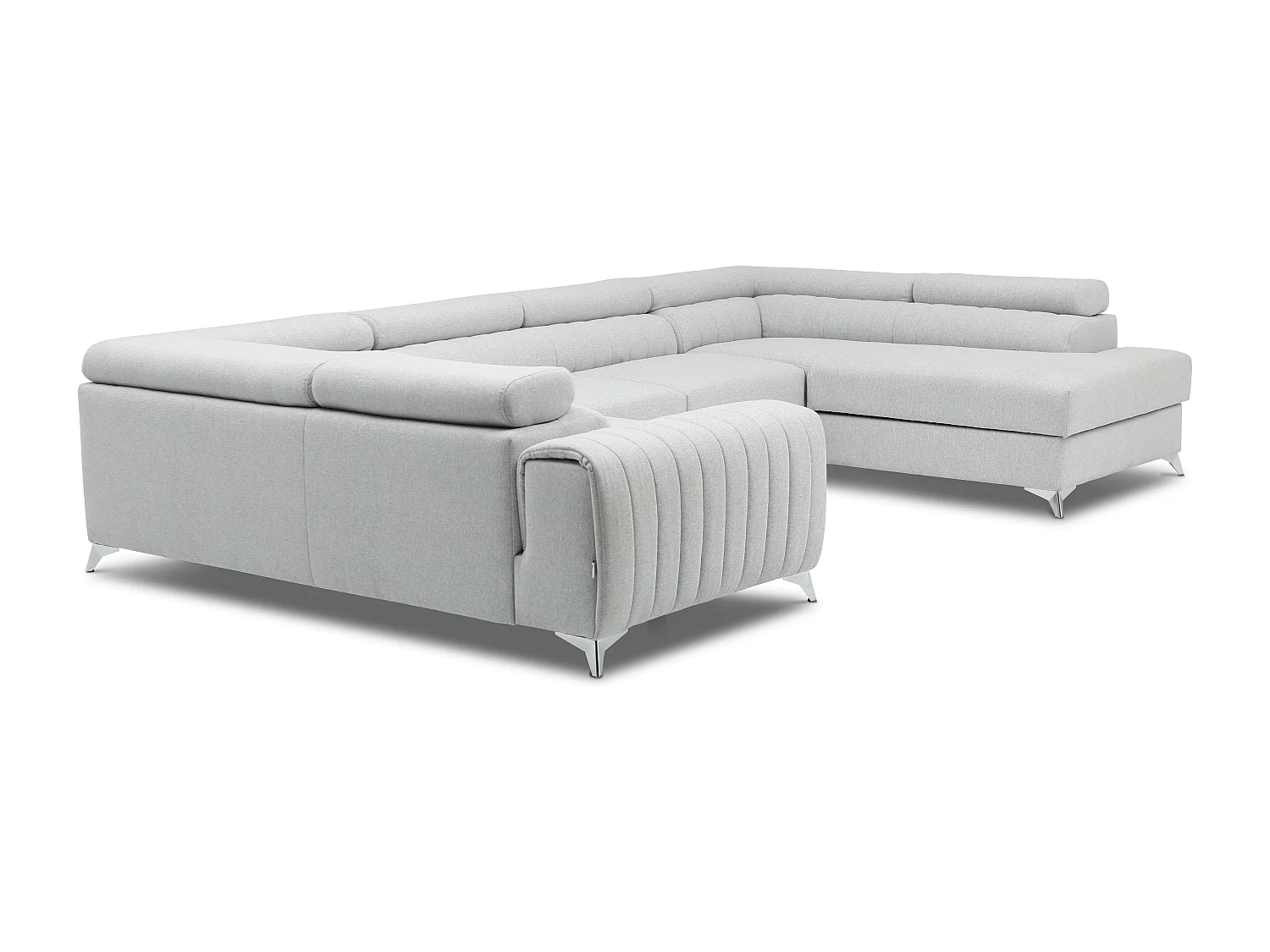 Canapé panoramique convertible tissu gris clair avec coffre de rangement Louve 340cm-Coffre de rangement à droite