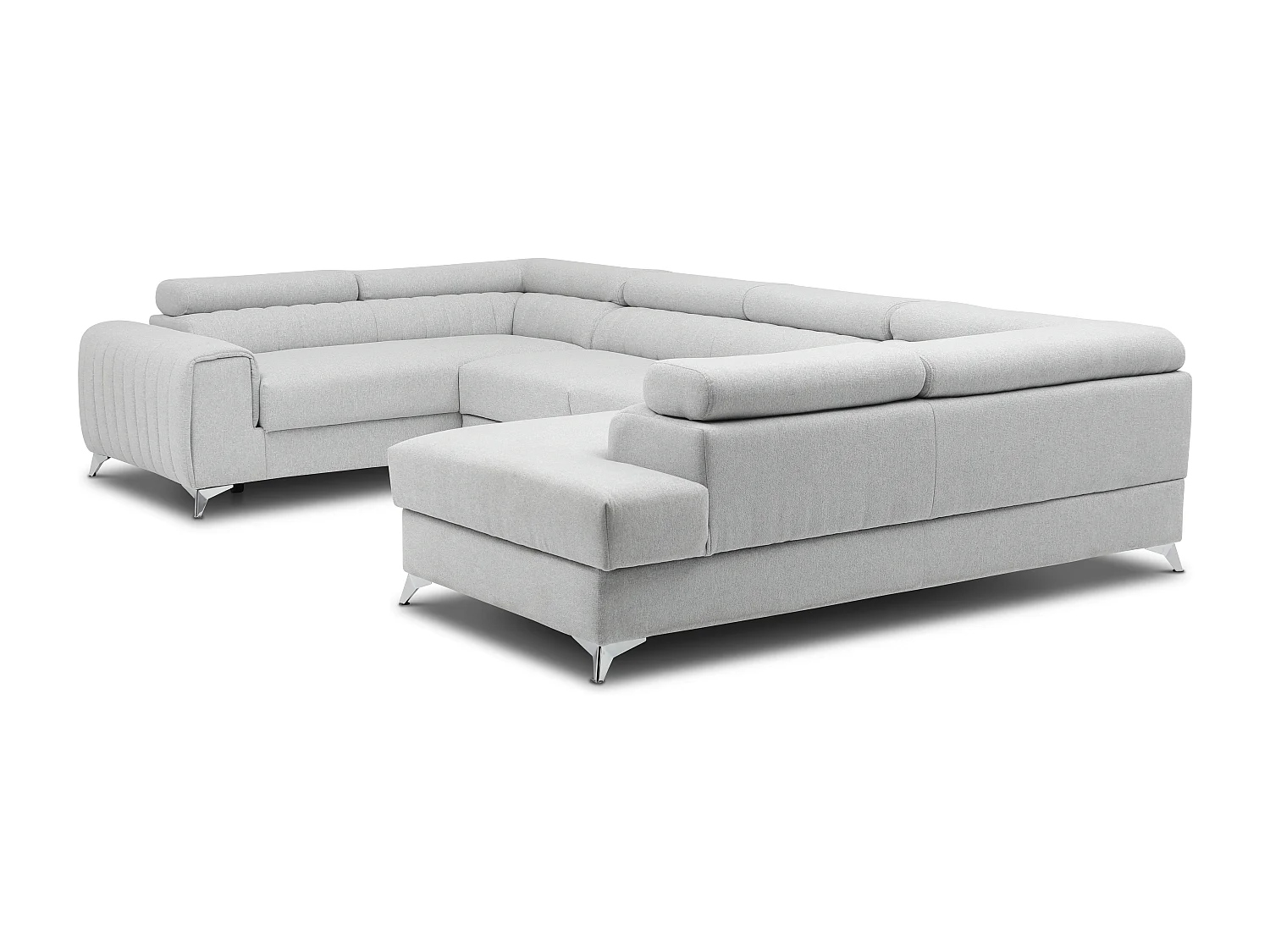 Canapé panoramique convertible tissu gris clair avec coffre de rangement Louve 340cm-Coffre de rangement à droite