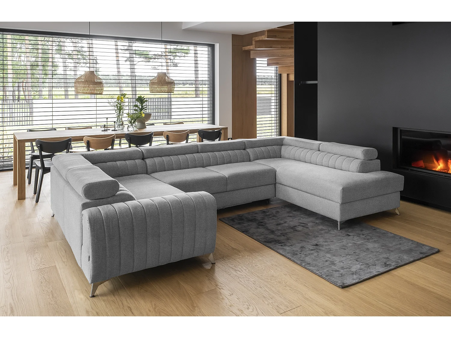 Canapé panoramique convertible LOUVE tissu - Rangement et têtières réglables-Gris clair chiné-Coffre à droite