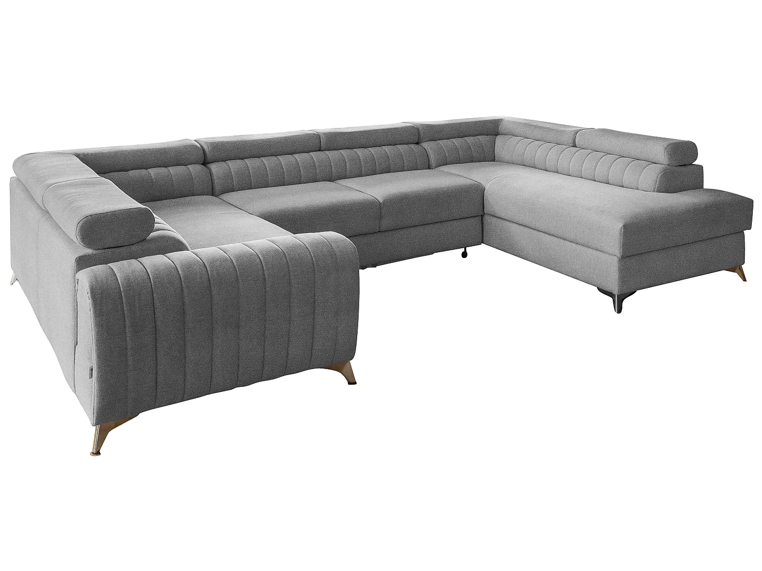 Canapé panoramique convertible LOUVE tissu - Rangement et têtières réglables-Gris clair chiné-Coffre à droite
