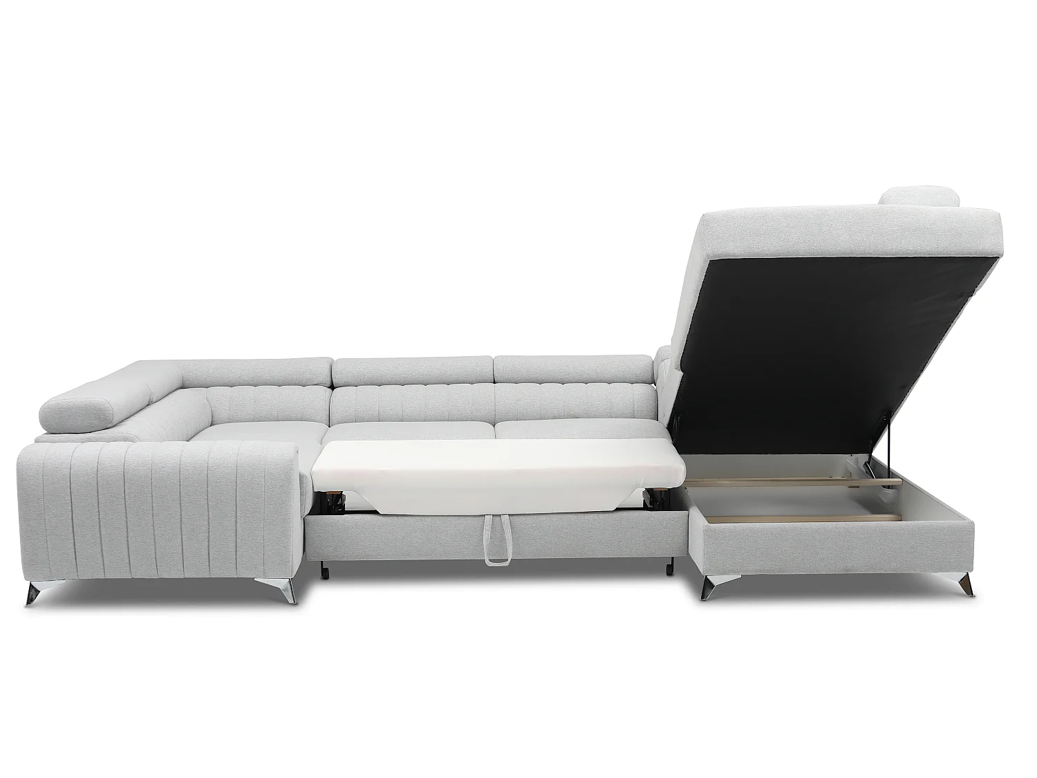 Canapé panoramique convertible LOUVE tissu - Rangement et têtières réglables-Gris clair chiné-Coffre à droite