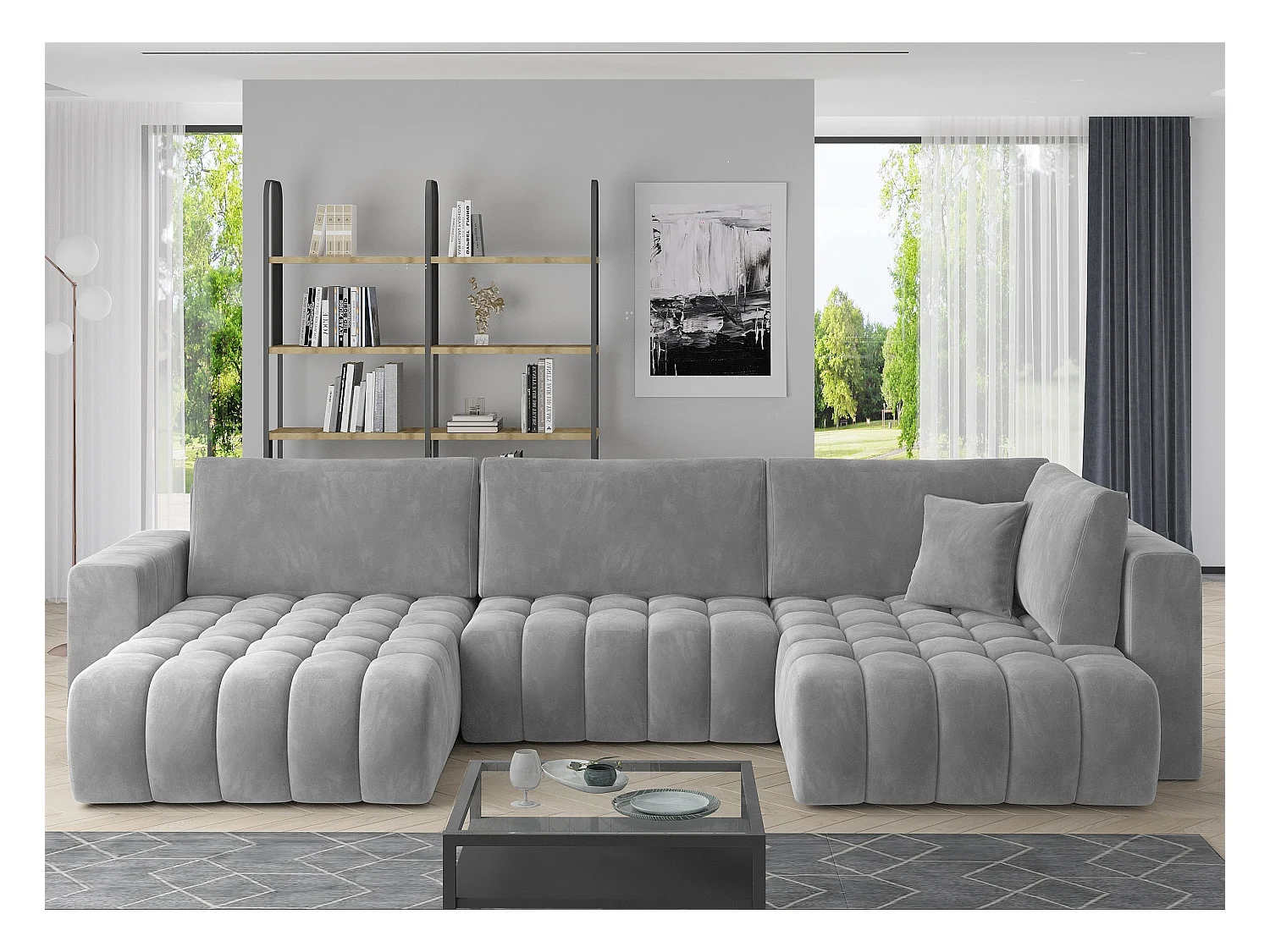 Canapé panoramique convertible design capitonné velours gris clair méridienne gauche Boston 350cm
