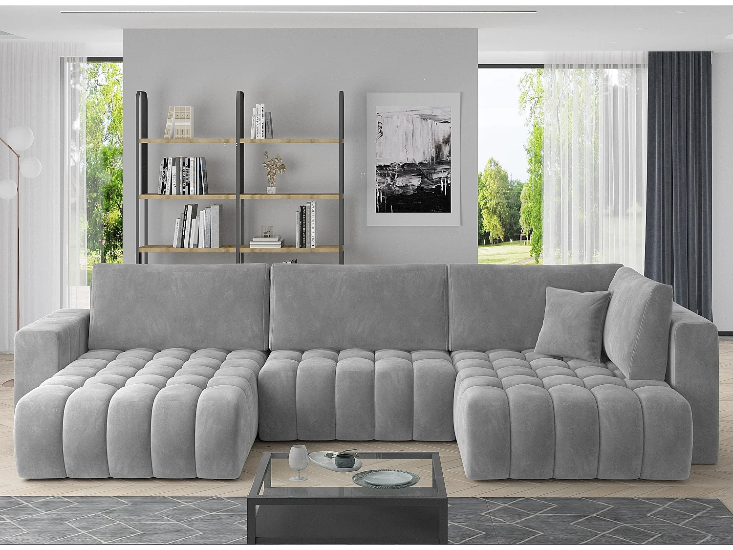 Canapé panoramique convertible design capitonné velours gris clair méridienne gauche Boston 350cm