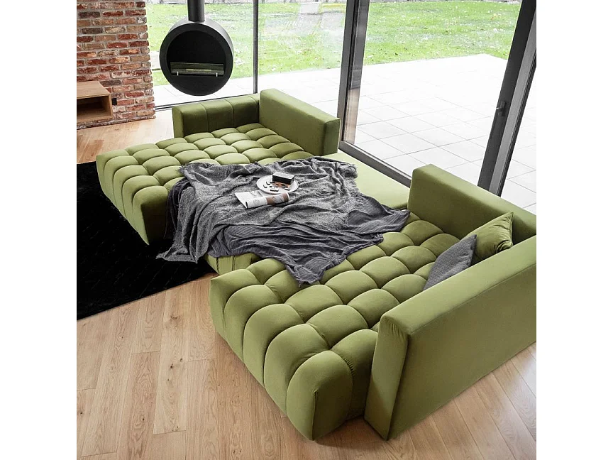 Canapé panoramique convertible design capitonné velours gris clair méridienne gauche Boston 350cm