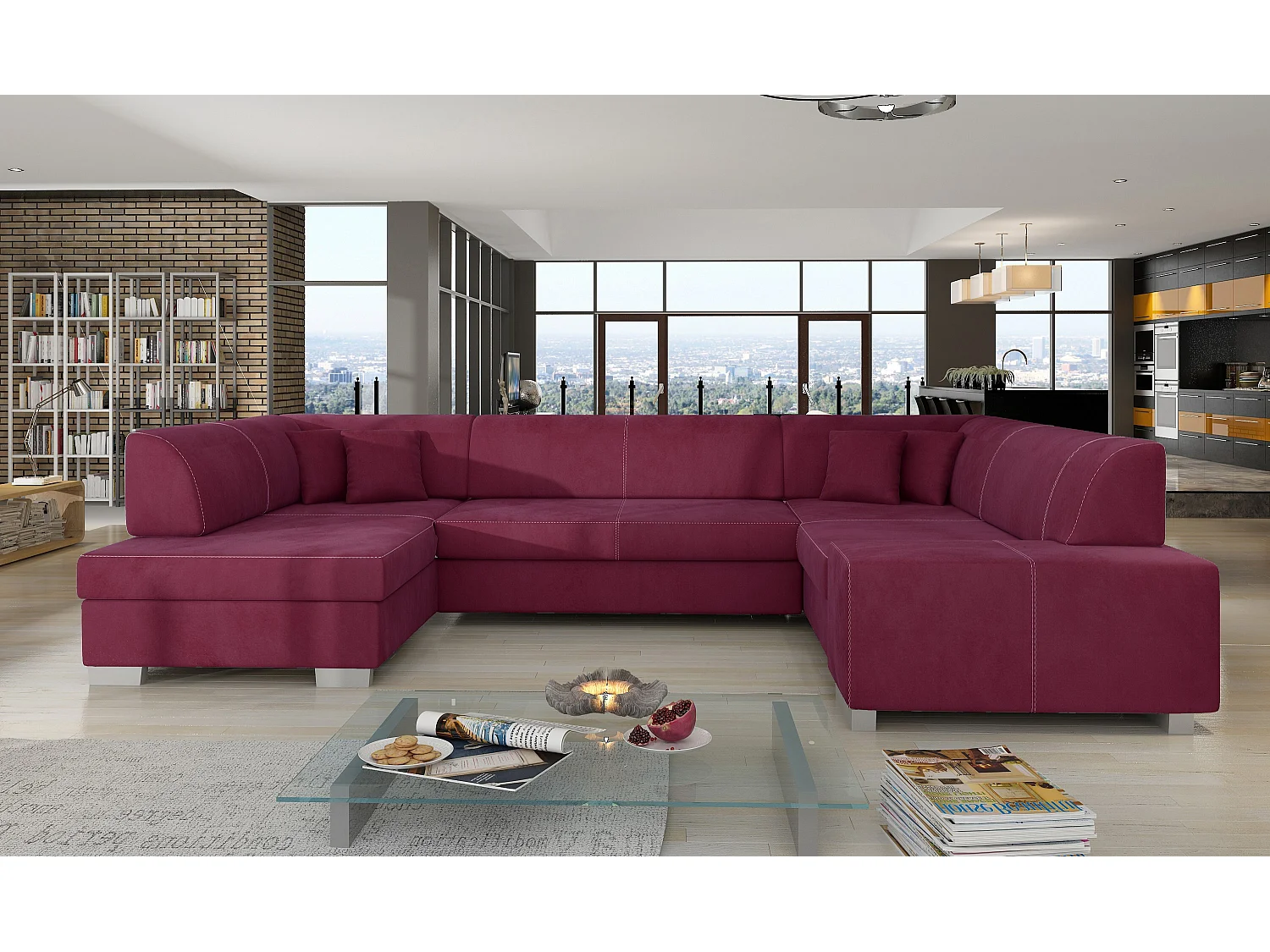 Canapé convertible panoramique velours bordeaux avec coffre de rangement Houston 320cm-Coffre de rangement à gauche
