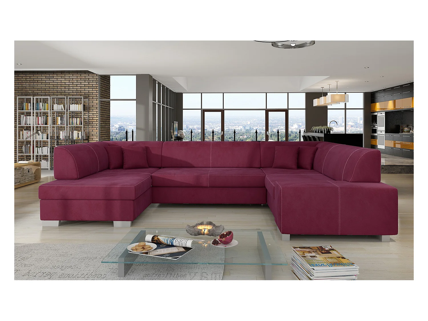 Canapé convertible panoramique velours bordeaux avec coffre de rangement Houston 320cm-Coffre de rangement à gauche