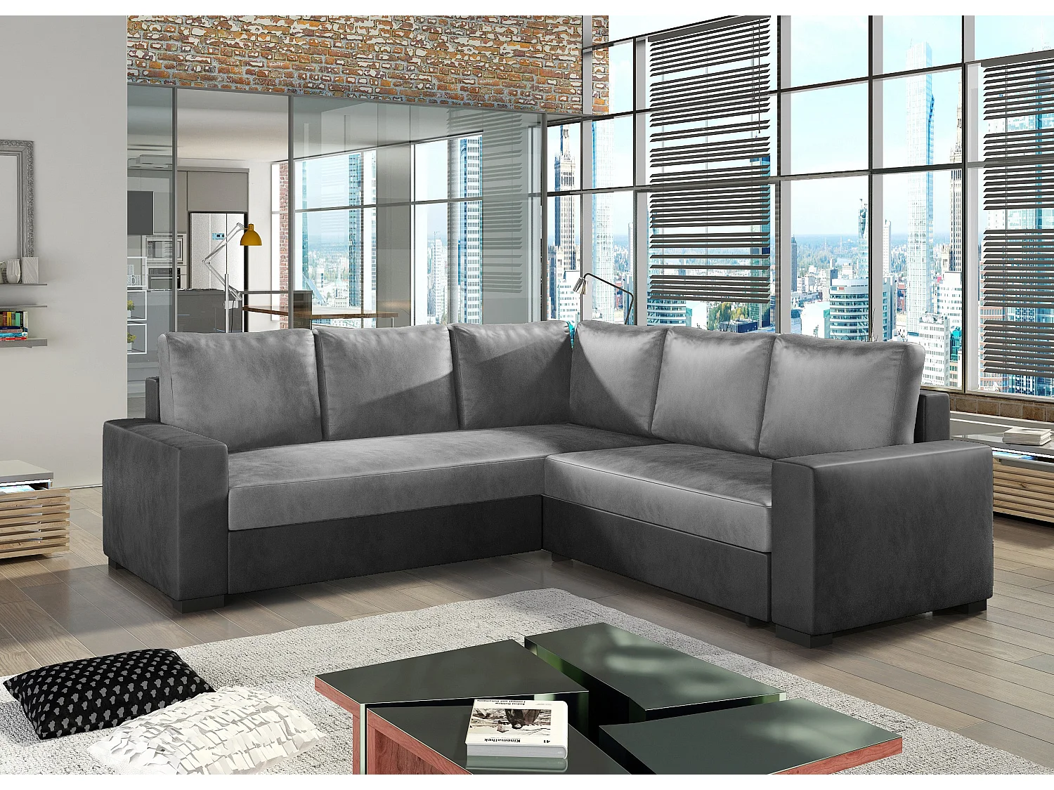 Canapé d'angle convertible velours gris clair et foncé Travor 235cm