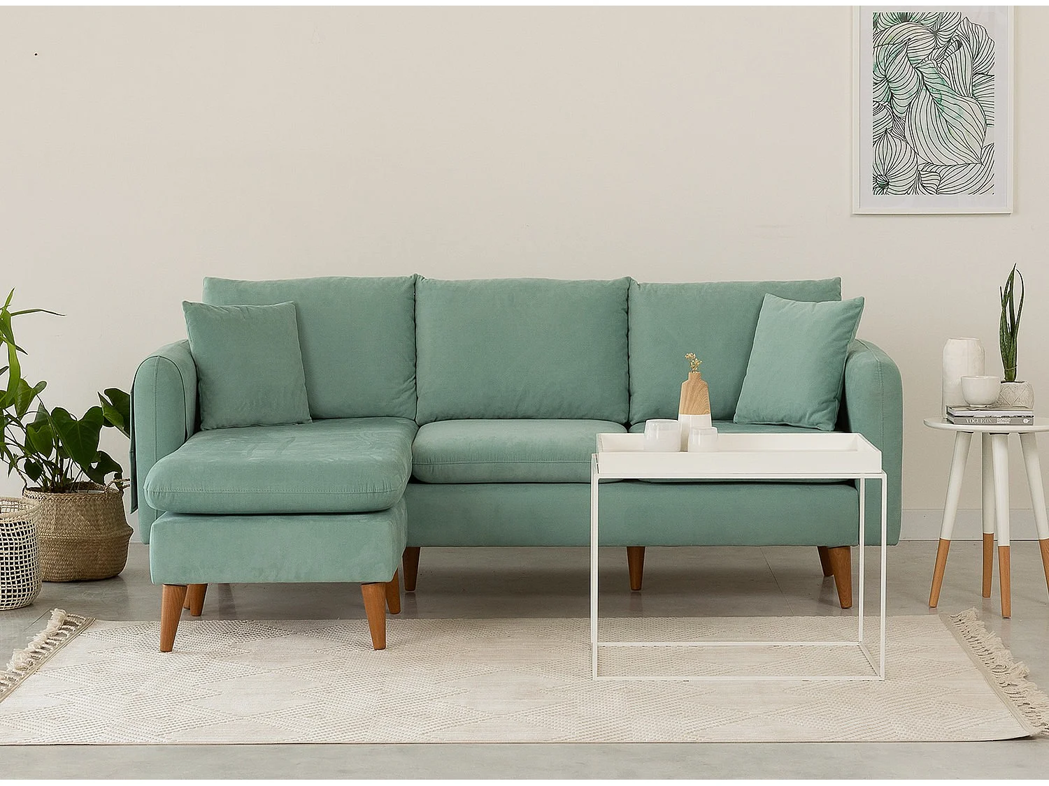 Canapé d'angle gauche tissu vert d'eau avec pieds en bois naturel Rival 215cm