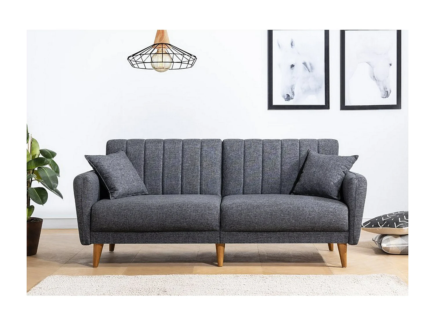 Canapé lit 3 places tissu lin gris foncé et pieds bois naturel Shekal 210cm