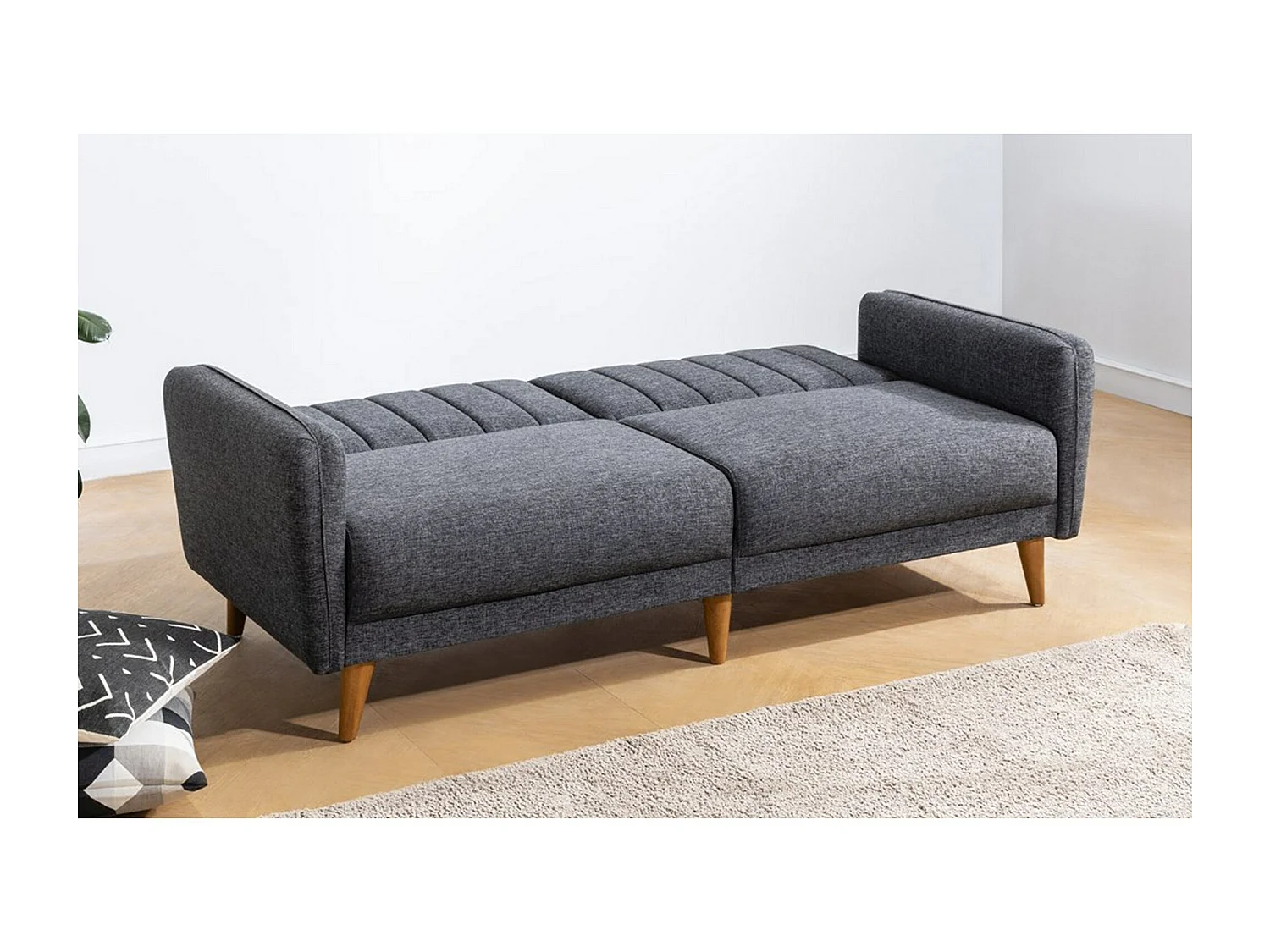 Canapé lit 3 places tissu lin gris foncé et pieds bois naturel Shekal 210cm