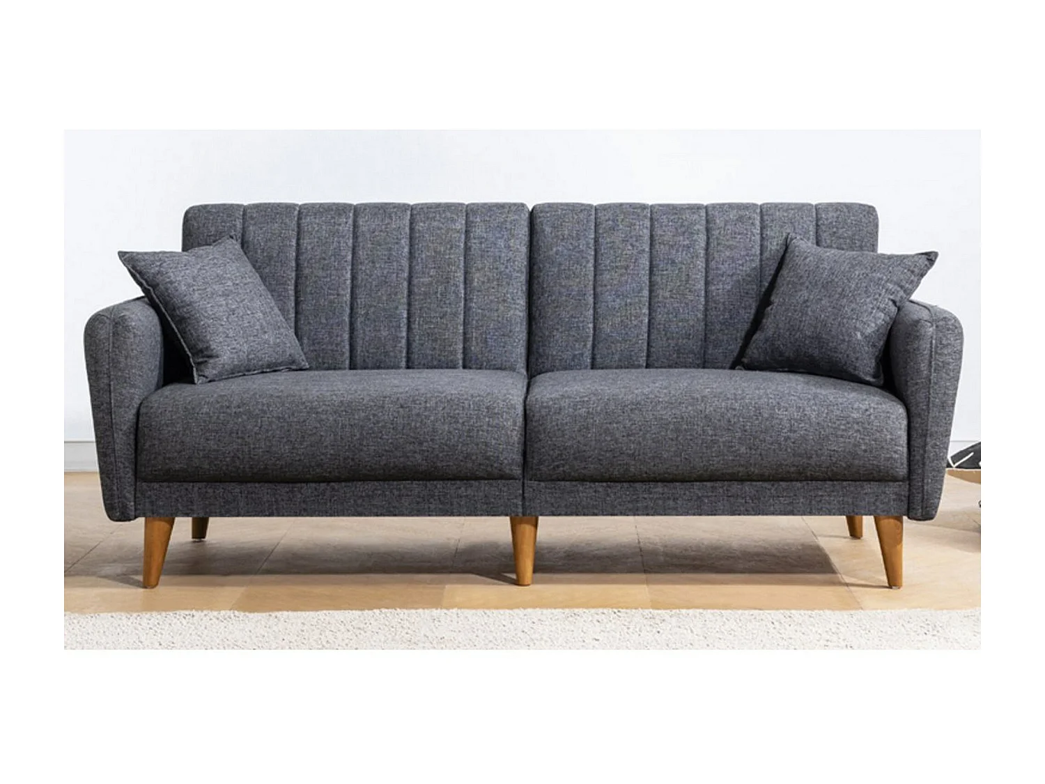 Canapé lit 3 places tissu lin gris foncé et pieds bois naturel Shekal 210cm