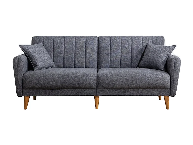 Canapé lit 3 places tissu lin gris foncé et pieds bois naturel Shekal 210cm