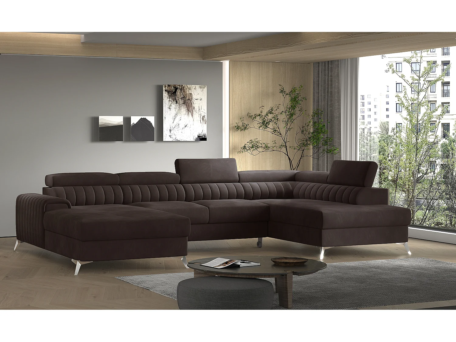 Hoekbank U bruin fluwelen opbergbox rechts Kalante 347 cm