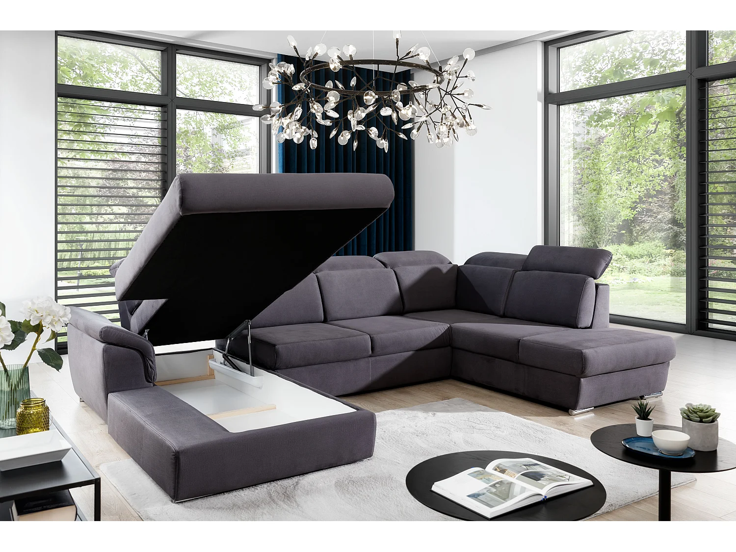 Canapé panoramique convertible velours vert foncé coffre de rangement à gauche Levano 330cm