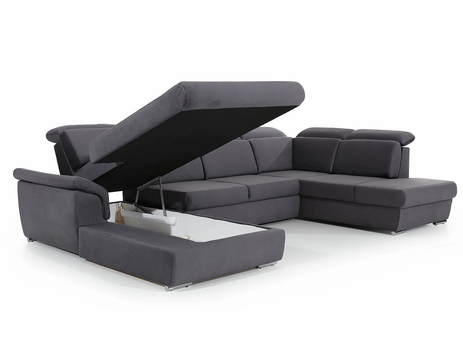 Canapé panoramique convertible velours vert foncé coffre de rangement à gauche Levano 330cm