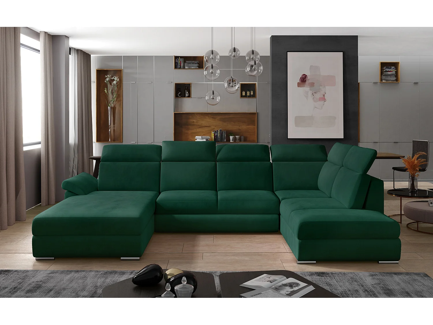 Canapé panoramique convertible velours vert foncé coffre de rangement à gauche Levano 330cm