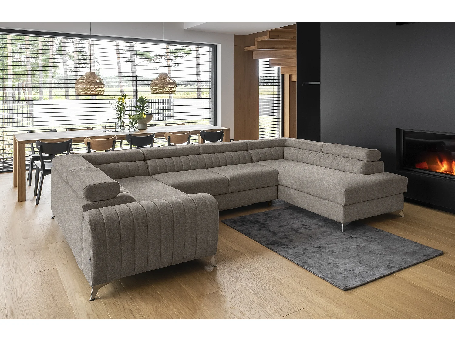 Panoramische slaapbank in taupebeige stof met opbergdoos Louve 340 cm-Opslagruimte naar rechts