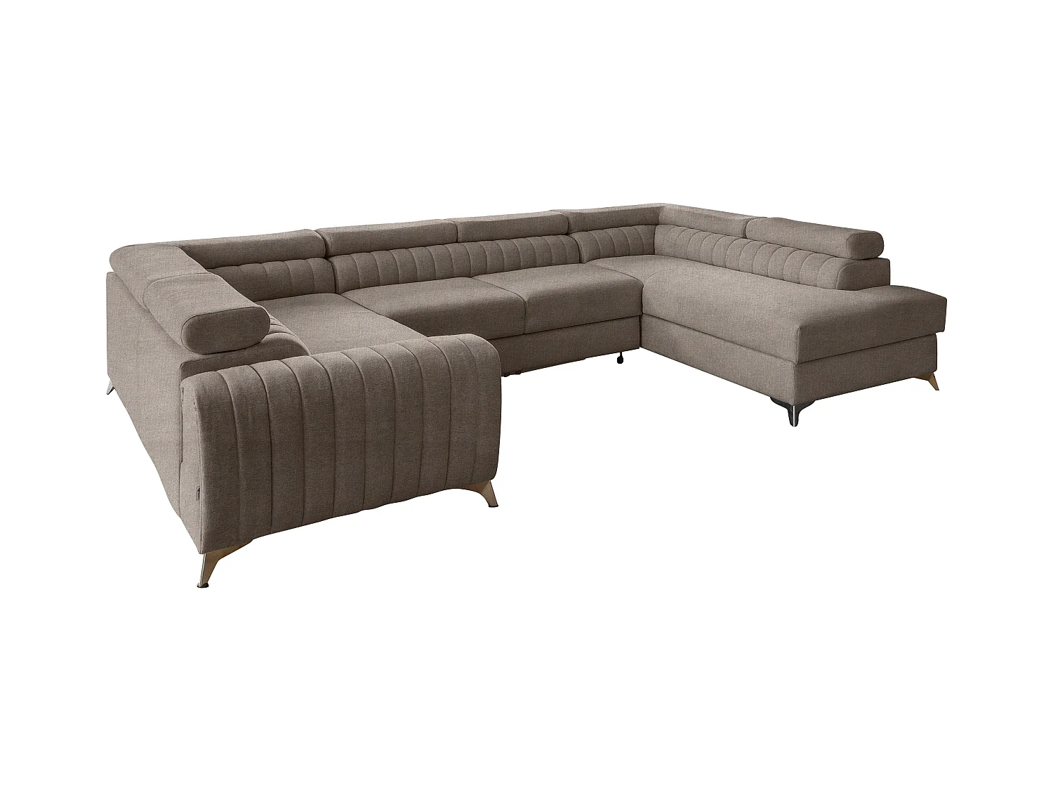 Canapé panoramique convertible tissu beige taupe avec coffre de rangement Louve 340cm-Coffre de rangement à droite