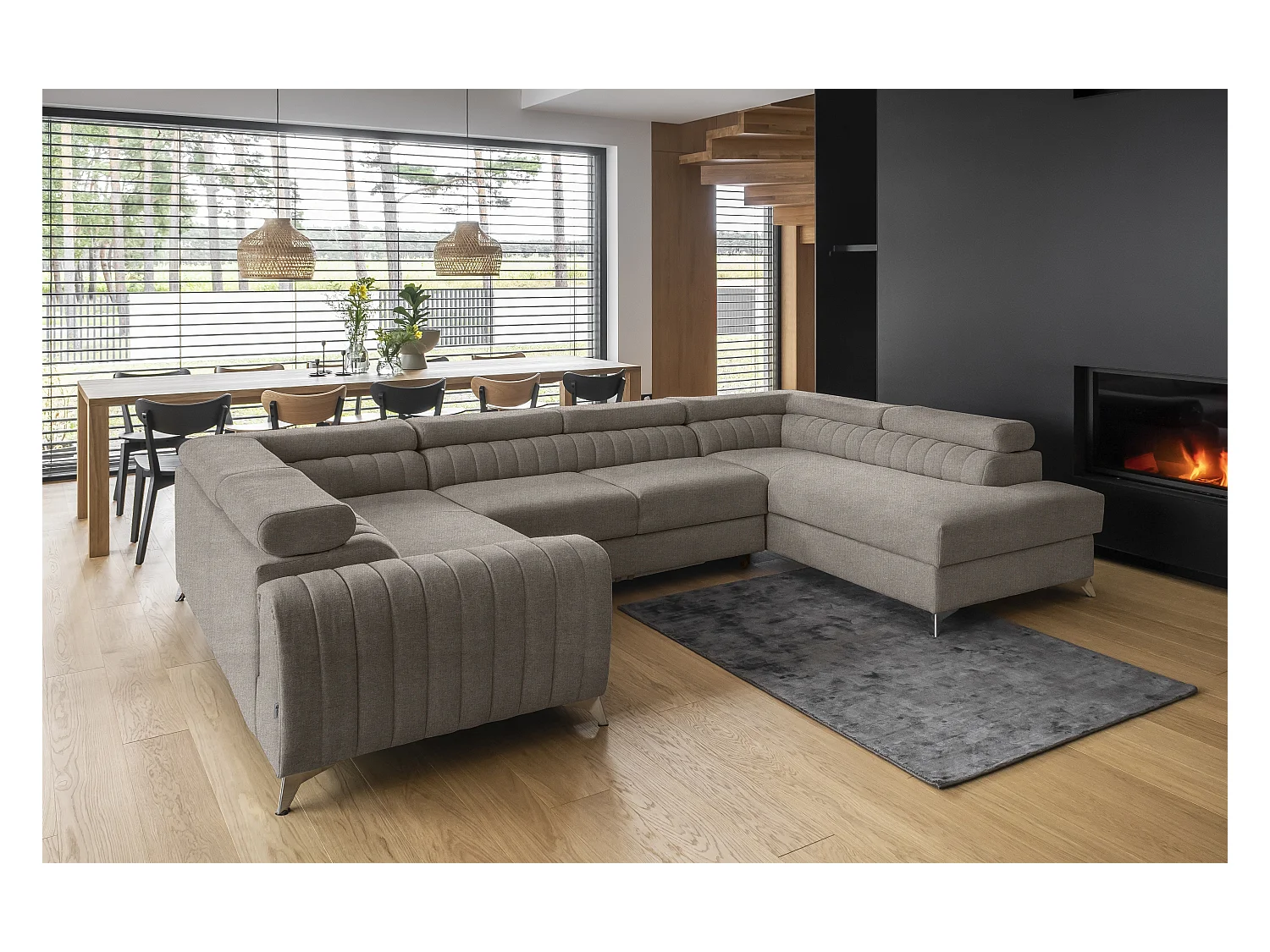 Canapé panoramique convertible tissu beige taupe avec coffre de rangement Louve 340cm-Coffre de rangement à droite