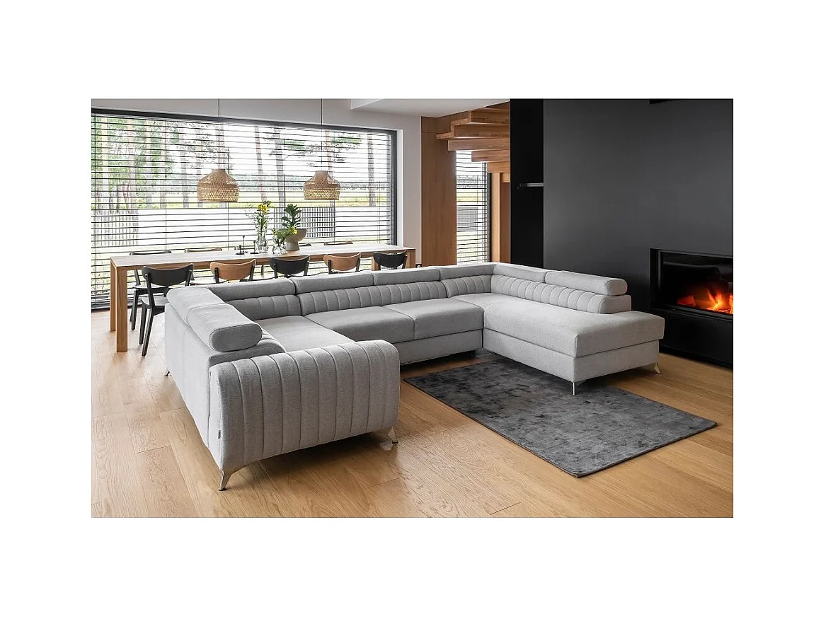 Canapé panoramique convertible tissu beige taupe avec coffre de rangement Louve 340cm-Coffre de rangement à droite