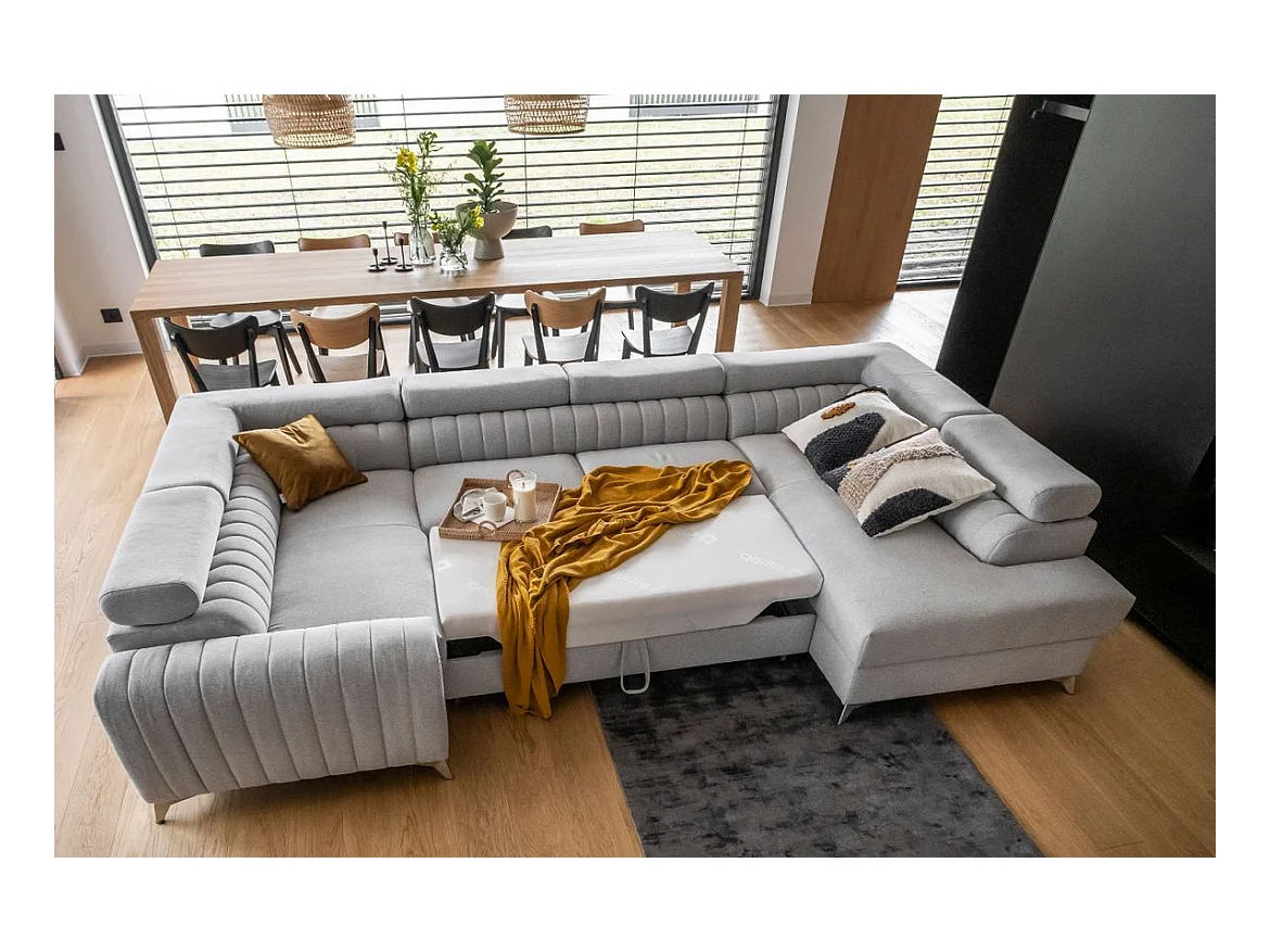 Canapé panoramique convertible tissu beige taupe avec coffre de rangement Louve 340cm-Coffre de rangement à droite