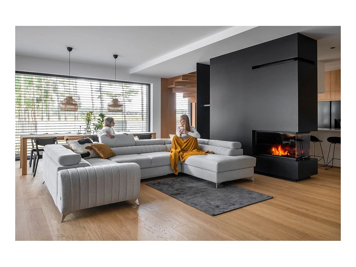 Canapé panoramique convertible tissu beige taupe avec coffre de rangement Louve 340cm-Coffre de rangement à droite