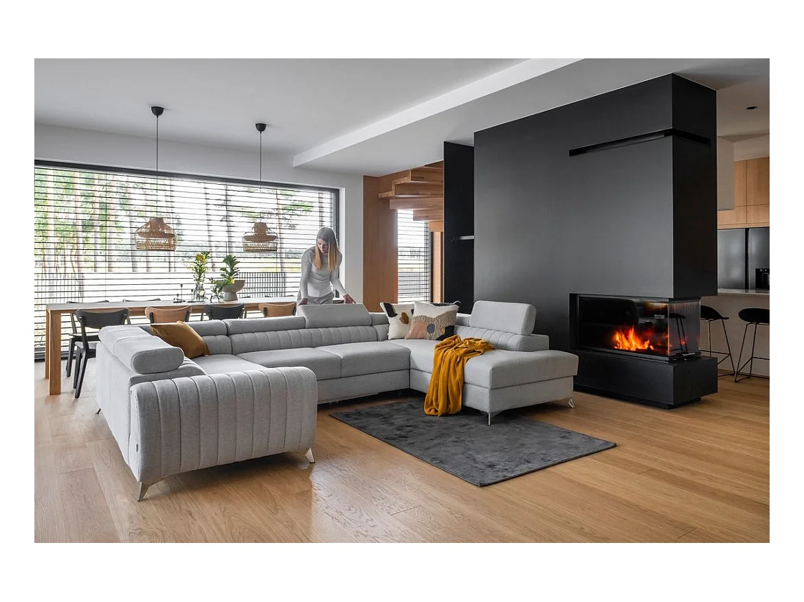 Canapé panoramique convertible tissu beige taupe avec coffre de rangement Louve 340cm-Coffre de rangement à droite