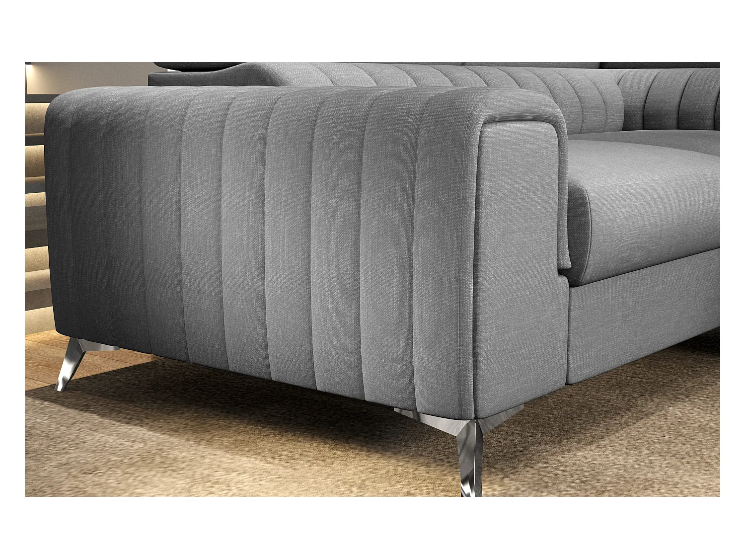 Canapé panoramique convertible tissu beige taupe avec coffre de rangement Louve 340cm-Coffre de rangement à droite