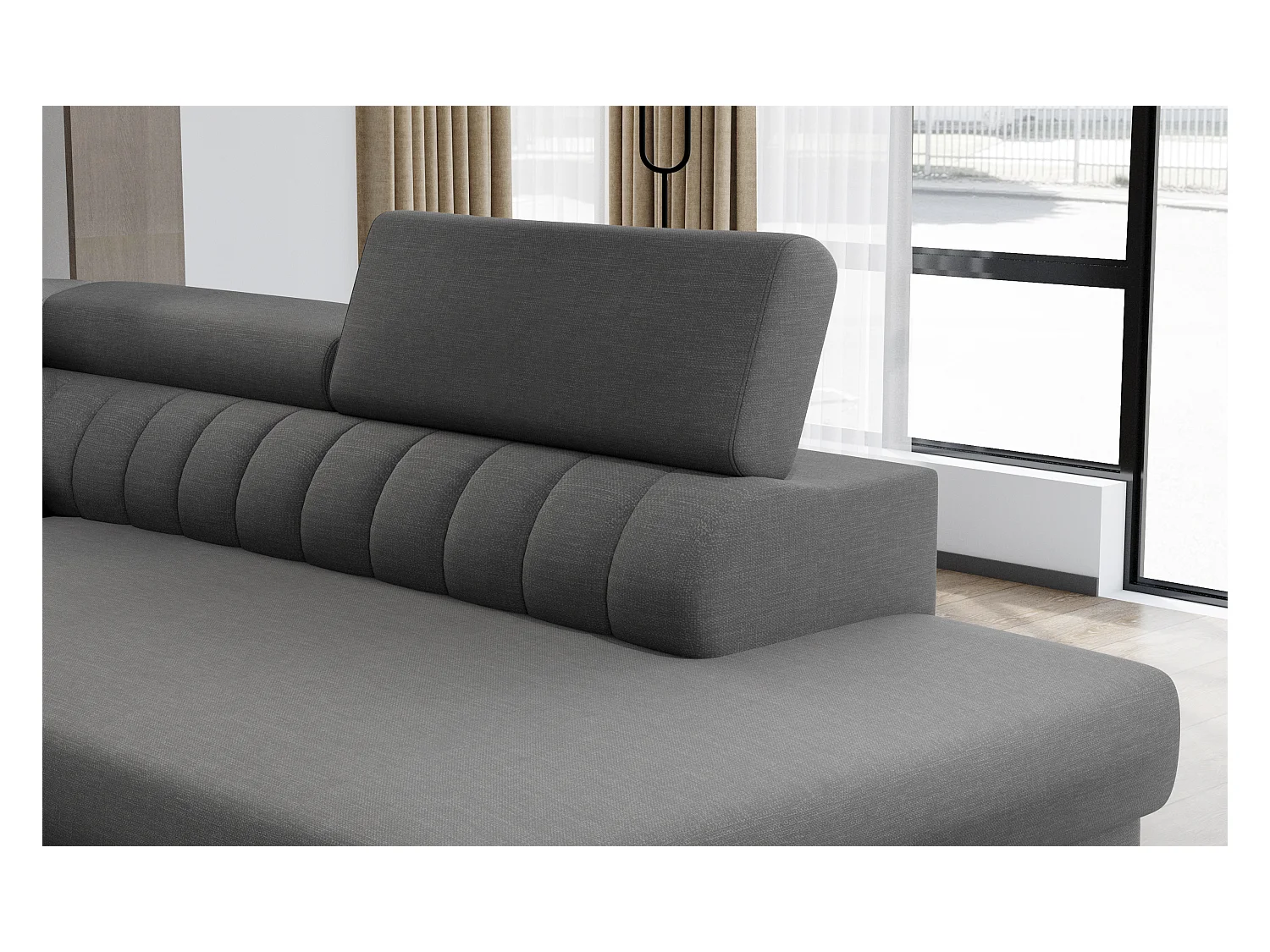 Canapé panoramique convertible tissu beige taupe avec coffre de rangement Louve 340cm-Coffre de rangement à droite