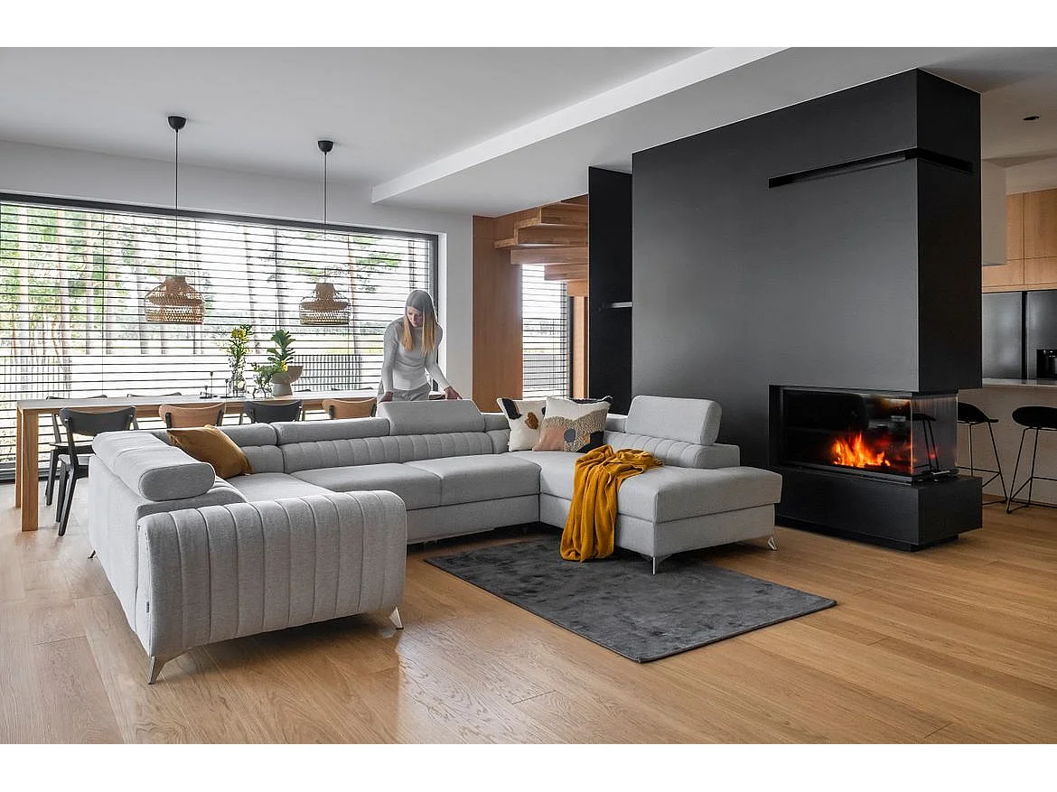 Canapé panoramique convertible tissu beige taupe avec coffre de rangement Louve 340cm-Coffre de rangement à droite