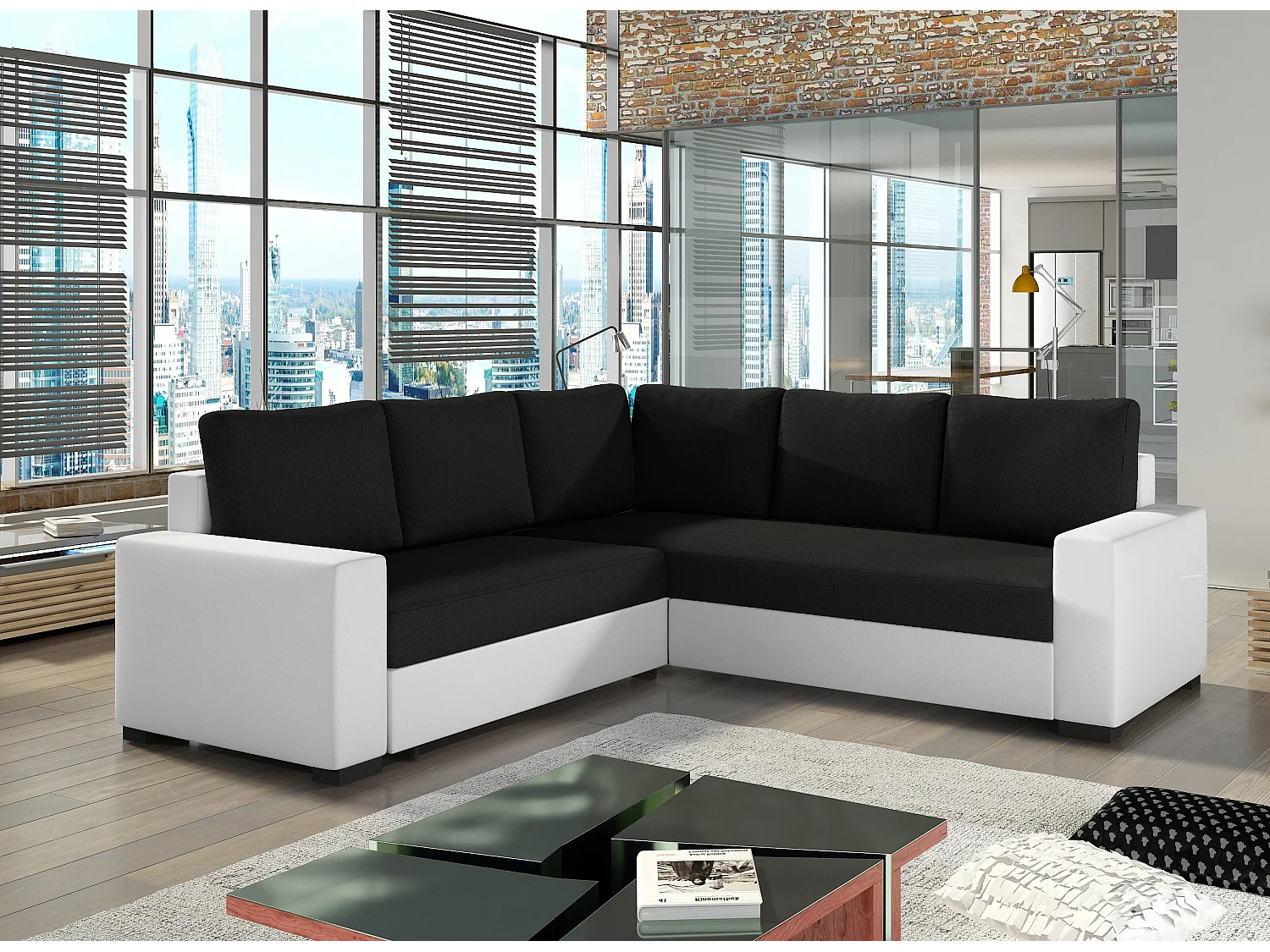 Canapé d'angle convertible simili blanc et tissu noir Travor 235cm