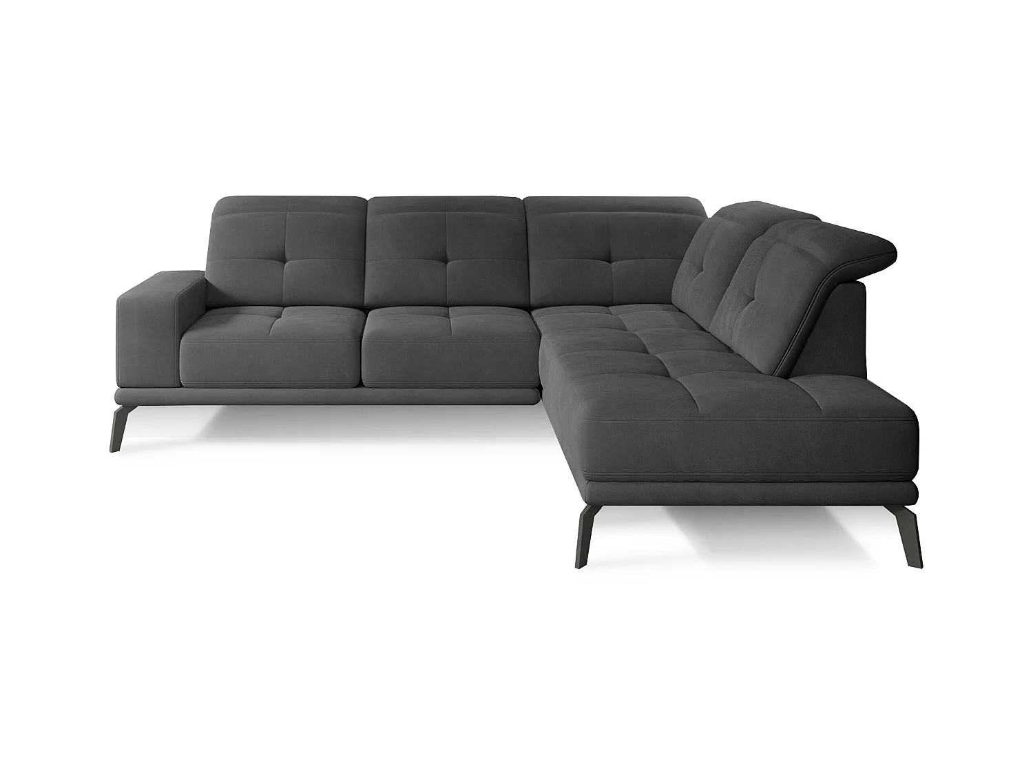 Canapé d'angle droit design matelassé tissu doux noir et pied noir Kazane 275cm