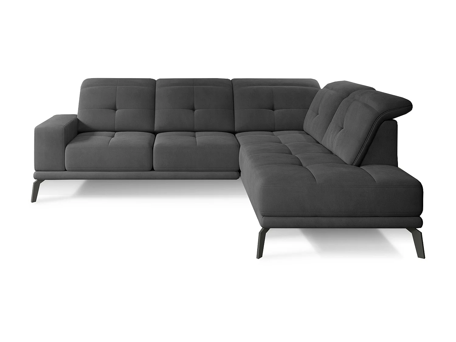 Canapé d'angle droit design matelassé tissu doux noir et pied noir Kazane 275cm